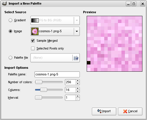 The Import Palette dialog