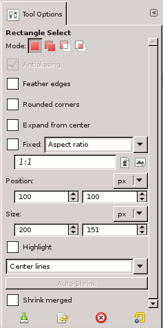 Tool Options for the Rectangle Select tool