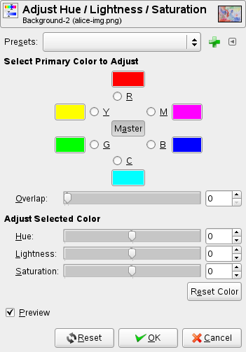 Hue-Saturation tool options