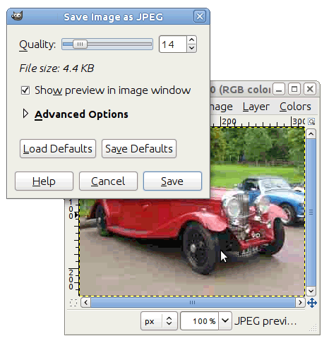 “Save as JPEG” dialog with poor quality.