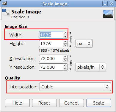 Dialog for Image Scaling in Pixels